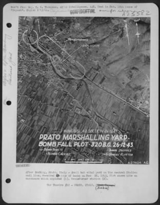 Thumbnail for Consolidated > After Bombing, Prato, Italy-Small but vital yardon the central Italian rail line, received tons of bombs on Dec 26, 1943. Plot shows hits on warehouse which exploded (1), transformer station (2).