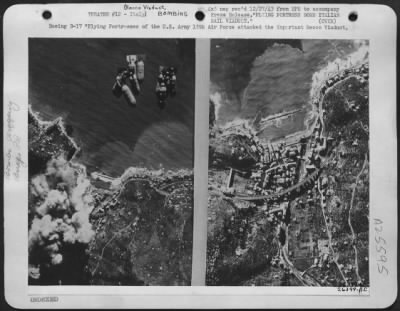 Consolidated > Boeing B-17 "Flying Fortresses of the U.S. Army 15th Air Force attacked the important Recco Viaduct. 15 miles southeast of Genoa on the Genoa-Spezia coastal rail line recently. The picture on the right shows the viaduct, which consists of 20 spans