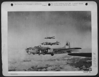 Thumbnail for Boeing > Boeing B-17 Flying Fortresses of the 8th Air Force flying toward the oil plant at Merseberg, Germany, 11/25/44, in one of the many attacks against Nazi oil sources. 381st Bomb Group.