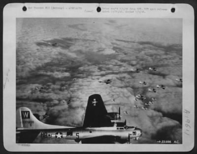 Boeing > Formations of Boeing B-17 Flying Fortresses of the U.S. 8th Air Force wing over Germany 23 Dec 44 as they head for vital rail and road points to bomb, in air-ground cooperation with Allied armies fighting a few miles away.