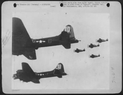 Republic > Republic P-47 Thunderbolt fighters keep away from Boeing B-17 Flying Fortresses, avoid pointing noses directly at them. Fortresses on way to target, Emden, Germany. 95th Bomb Group.