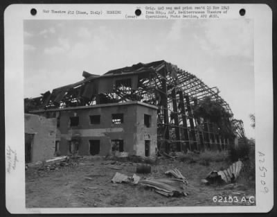 Thumbnail for Consolidated > Bomb damage to a hangar at Ciampino Airdrome, Rome, Italy.