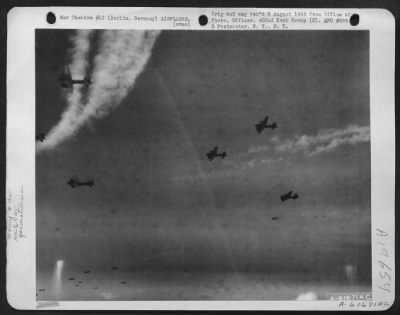 Thumbnail for Boeing > With A Background Of Vapor Trails, Boeing B-17 Flying Fortresses Of The 452Nd Bomb Group Wing Their Way Over German Territory Enroute To Their Target Of The Day - Berlin, Germany, 9 March 1944.