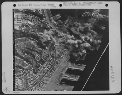 Consolidated > Bomb Bursts Destroy Docks And Shipping At Genoa, Italy On May 12, 1944, During A Bombing Raid By Planes Of The 97Th Bombardment Group, 340Th Bombardment Squadron, 15Th Air Force.