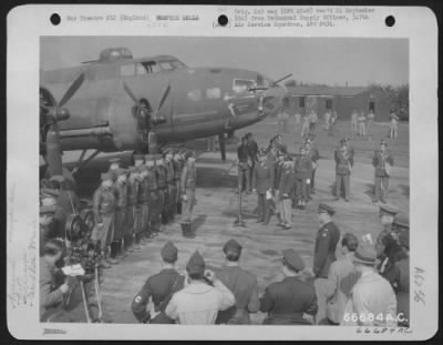 Thumbnail for General > Capt. Robert K. Morgan And Crew Of The Boeing B-17 'Memphis Belle' Are Honored During A Ceremony Attended By Major General Ira C. Eaker And Other High Ranking Officers, At The Combat Crew Replacement Center #11 In England.  On 9 June 1943 The Plane And It