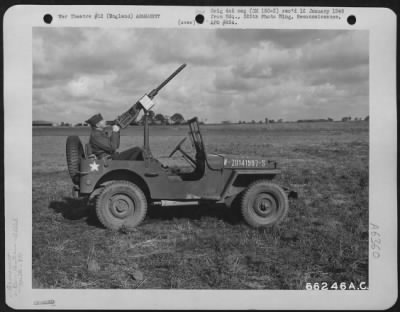 Thumbnail for General > Field Defense - A 50 Cal. Anti-Aircraft Gun Is Mounted On A Jeep At 8Th Air Station 167 In England.  14 August 1943.  381St Bomb Group.