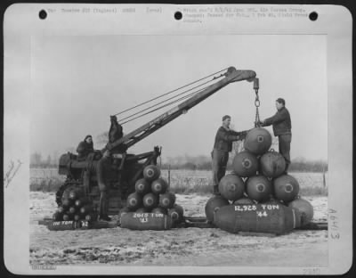 General > Typical Of The Growth Of The 8Th Air Force Is The Increase In Tonnage Of Bombs Dropped On Enemy Targets.  As The Picture Demonstrates, An 8Th Af Bomb Group Dropped 110 Tons In 1942, 2,615 Tons In 1943 And 12,298 Tons In 1944.  Stacking Bombs In This Pictu