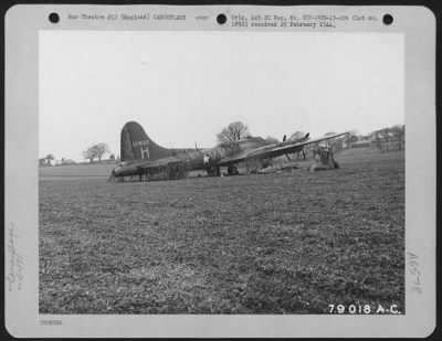 General > After Three Engines Had Been Shot Out Of Commission Over France, This Boeing B-17 "Flying Fortress" Returned, But Had To Make An Emergency Landing And Undergo Repairs On The Spot.  Here, It Is Shown At Dawlish, England, Awaiting The Building Of An Emergen