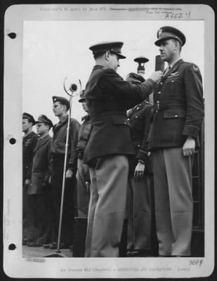 Awards > Maj Gen Curtis E. Lemay, Lakewood, Ohio, Division Commander, Is Pinning The Distinguished Unit Medal On The Tunic Of Lt. Colonel Louis G. Thorup, Of 115 Edith Ave., Salt Lake City, Utah, Who Led This Group On The Mission To Brunswick On Jan 11, 1944 For W