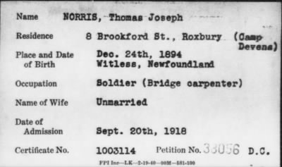 Thumbnail for 1918 > NORRIS, Thomas Joseph