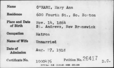 1918 > O' HARE, Mary Ann