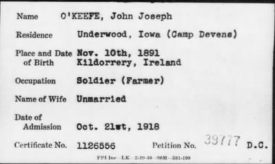1918 > O' KEEFE, John Joseph