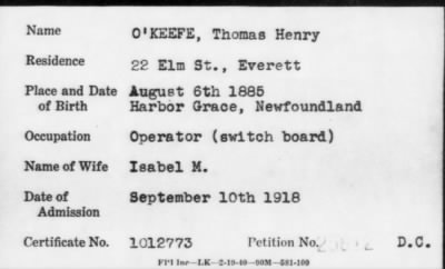 1918 > O' KEEFE, Thomas Henry