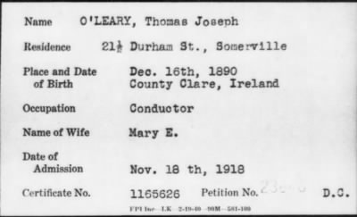 1918 > O' LEARY, Thomas Joseph