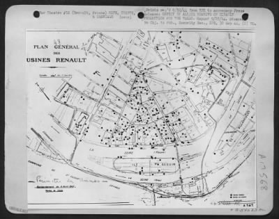 Thumbnail for General > EFFECT OF ALLIED BOMBING ON RENAULT PRODUCTION FOR THE NAZIS. The black dots on this map show where bombs of the U.S. Army 8th Air Force fell on and around the Renault Motor Works in a suburb of Paris on April 4, 1943.