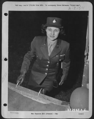 Thumbnail for General > First WAC to fly to Normandy is Sgt. Mabel S. Carney, Camden, N.J. She is secretary to a general in SHAEF Hqs. And on the opening of a SHAEF and U.S. Army 9th AF shuttle service between the United Kingdom and Normandy, Sgt. Carney was the first