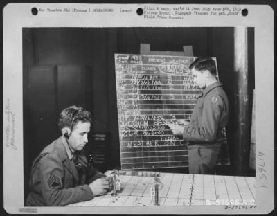 General > The Weather Reports Are Being Written On The Weather Board At Fc Operations Tent.  The Men In The Picture Are: S/Sgt. Milo Caskey Of Hale Center, Tex.; Sgt. Joel C. Nichols Of Birmingham, Ala.