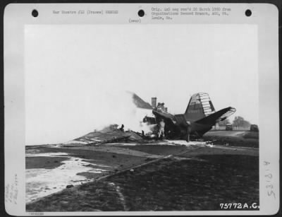 Thumbnail for General > A Douglas C-47 (A/C #315660) Of The 439Th Troop Carrier Group Burns After Crashing Into A Building Somewhere In France.  30 December 1944.