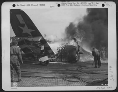 Thumbnail for General > A Republic P-47 Bursts Into Flames After It Made A Crash Landing On An Airstrip In France.  21 June 1944.