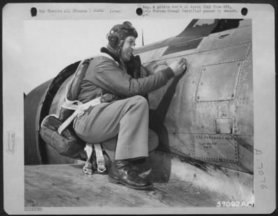 Fighter > 15 Single And Double-Span Railroad Bridges Have Been Destroyed By Maj. Frank H. Peppers, Brooklyn, N.Y., Shown Here Adding Another Symbol Of Destruction On The Fuselage Of His Republic P-47 Thunderbolt.  Operations Officer Of A Fighter Bomber Group, Maj.