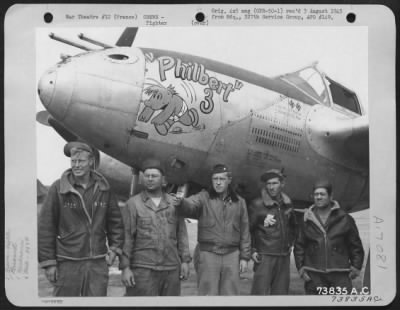 General > Major C.F. Matheson (Center) And His Ground Crew Pose Beside Their Lockheed P-38 'Philbert 3' Of The 367Th Fighter Group.  France, 12 October 1944.