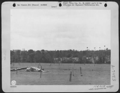 Thumbnail for General > A Wrecked American Glider After It Was Caught In One Of The Numerous French Fields, In Which Germans Placed Posts To Prevent Glider Landings, And Impale Paratroopers, Near St. Mere Eglise, France.  6 June 1944.