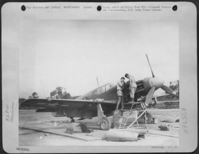 Consolidated > Here Is 'Jackie', The Plane [North American P-51 Mustang] Purchased Outright - Not By Bonds - By Employees Of The Universal Engineering Co., Of Frankenmuth, Mich.  Mechanics Are Fixing It Up For Another Mission.  India.