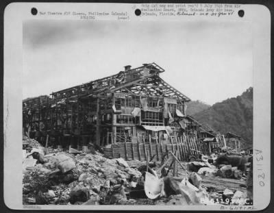 Thumbnail for Consolidated > This photo shows the outside of the Laprano Mine Power Plant which was destroyed by 250 pound para-dimo bombs. Most of the dynamos on the inside of the building were still intact and can be used. 28 July 1945. Luzon, Philippine Islands.