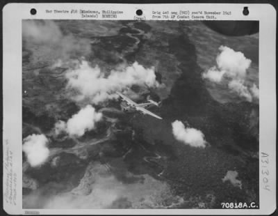 Consolidated > On 16 March 1945, Consolidated B-24s of the 494th Bomb Group, released their bombs on a Japanese bivouac area five miles north of Saragana Bay, Mindanao, Philippine Islands. No anti-aircraft or interception was reported on this mission. Here, as one