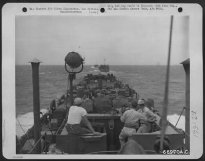 Consolidated > LST landing ships of the United States Coast Guard and Navy plow through the waters of Vitiaz Strait enroute from Cape Sudest, New Guinea to Cape Gloucester, New Britain. Before the landing strips of Gloucester were completed the LSTs maintained a