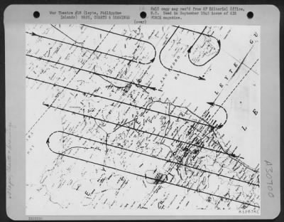 Thumbnail for Consolidated > This photo shows a map of Leyte, Philippine Islands with flight lines drawn over the area to be photographed by the photo reconnaissance planes used on this mission.