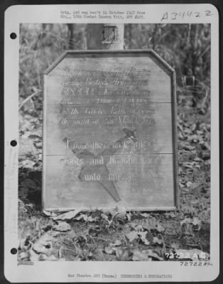 Thumbnail for Consolidated > Plaque In Memory To The Men Lost In The 1944 Invasion Of Burma.  1St Air Commando Group, Broadway, Burma, 15 March 1945.