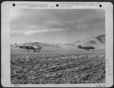 Consolidated > Berteaux, Morocco-North American B-25's of the 310th Bomber Group off from a North African airfield to bomb Axis held territory.