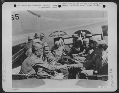 Consolidated > STATESIDE BOUND-After months of fighting on the Italian fronts, these veterans reach Casablanca from Pisa on the most important leg of their trip home. Shuttled down in the U.S. Army 15th Air Force converted B-17's, these men will now board large