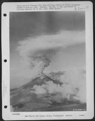 Consolidated > MAYON VOLCANO ERUPTS. This series of photographs, taken from a Douglas C-47 Skymaster of the Army Air Forces' 15th Weather Squadron in the Philippines, graphically depicts the recent eruption of Mount Mayon on Luzon Island, of the Philippines.