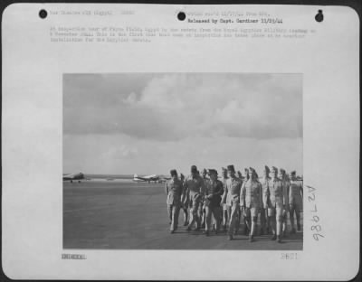 Thumbnail for Consolidated > An inspection tour of Payne Field, Egypt by the cadets from the Royal Egyptian Military Academy on 8 November 1944. This is the first time that such an inspection has taken place at an American installation for the Egyptian cadets.