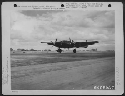 Consolidated > Northrop P-61 "Black Widow" of the 547th Night Fighters landing on Lingayen Airstrip, Luzon Island, Philippine Islands. 17 May 1945.