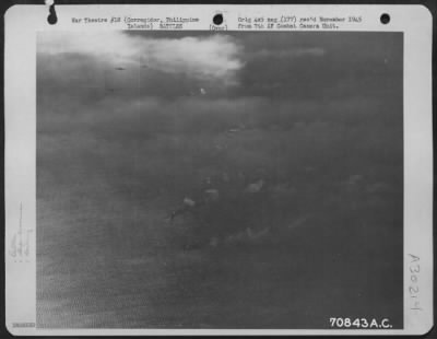 Consolidated > Navy battleships maneuver in and out to direct their guns on the targets at Corregidor and Caballo Island in the Philippines, during the first Naval shelling of this area. Consolidated B-24 "Liberators" of the 494th Bomb Group, participated in the