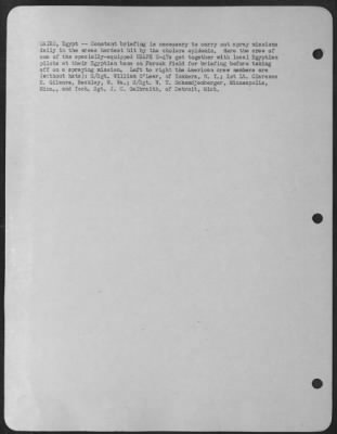 Consolidated > CAIRO, Egypt--Constant briefing is necessary to carry out spray missions daily in the areas hardest hit by the cholera epidemic. Here the crew of one of the specially-equipped USAFE C-47s get together with locatl Egyptian pilots at their Egyptian