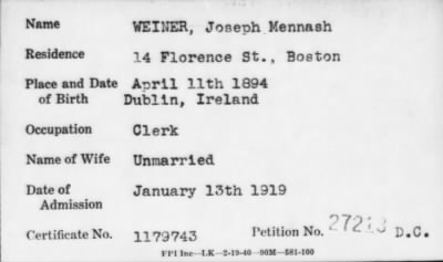 Thumbnail for 1919 > WEINER, Joseph Mennash