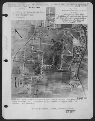 Consolidated > Bomb plot; dots indicate well-defined bursts while diagonal lines show areas of heavy concentrations. Letters refer to (a) hangars and repair shops, (B,C) dispersal, (D) ammunition.