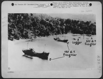 Thumbnail for Consolidated > Four Jap ships were caught thus at Manokwari, New Guinea by Douglas A-20s, streaking in, mast-high. Note one A-20, upper left. (Taken 9/June 1944)