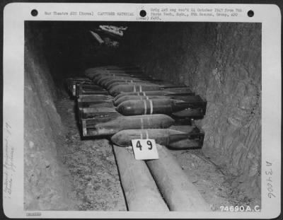 Thumbnail for Consolidated > Captured Japanese bombs in under ground storage area at Meiktila, Burma. 5 March 1945.