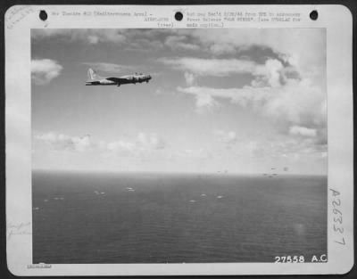 Consolidated > The plane in the upper foreground is not lost . . . It's part of a vast fleet heading over the Mediterranean to bomb military targets in Southern France. There are no less than 56 U.S. planes visible in this photo. How many do you see?