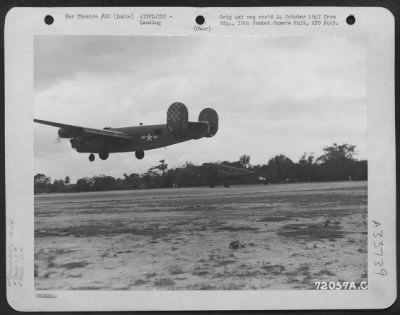 Consolidated > The 7Th And 12Th Bomb Groups Exchanged Fields In India And Moved All Their Equipment By Air In Less Than A Week.  Here, A Consolidated B-24 Of The 7Th Bomb Group Lands At Its New Base With A Load Of Their Own Equipment And On The Return Leg Of The Shuttle