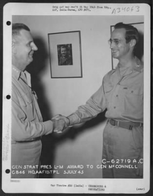 Consolidated > Lt. General George E. Stratemeyer Congratulates Brig. General John P. Mcconnell After Presenting Him With The Legion Of Merit At An Airbase In India On 5 July 1945.