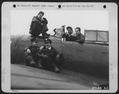 Thumbnail for Fighter > AN EIGHTH AAF FIGHTER STATION, ENGLAND: Picture of the five Republic P-47 Thunderbolt pilots who knocked five German fighters out of the sky when the latter tried to go to work on a flak-battered staggering Boeing B-17 ofrtress near Bremen. The