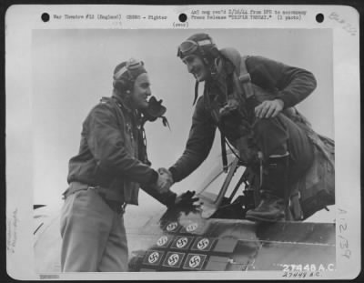 Fighter > ENGLAND-Lot of things happened to Francis S. Gabreski, Oil City, Pa., on 25 January 1944. Seen here steping out of his 8th Air force Thunderbolt on that day, he scored his 11th victory, reached a birthday, and was promoted to Lt. Colonel. The flier