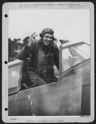Fighter > CHALK UP THREE-8th AF fighter pilot Lt. Frank A. Cutler of Cleveland, Ohio, holds up three fingers, indicating the triple victory he scored in the greatest bombing attack ever carried out against Nazi fighter production plants 20 February. The 23
