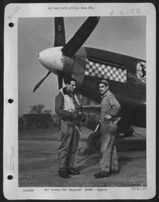 Fighter > England-Capt. Gentile shown having a last minute word with his crew chief, S/Sgt. John L. Ferra, 28, of El Segundo, Caliofrnia, before take-off. Sgt. Ferra has been with Capt. Gentile for 16 months and believes the Capt. to be a "Great fellow,"